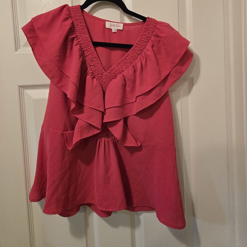 Elegant Fuchsia Ruffled V-Neck Blouse - Picture 2 of 7
